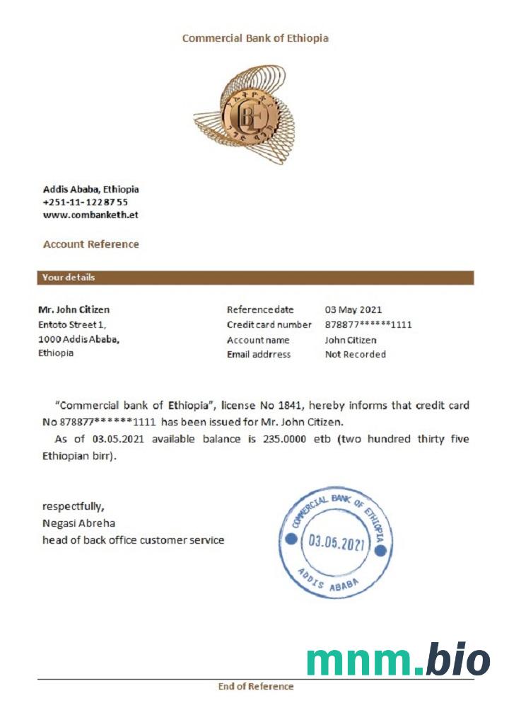 Przykład odniesienia do banku komercyjnego w Etiopii w formatach Word i PDF